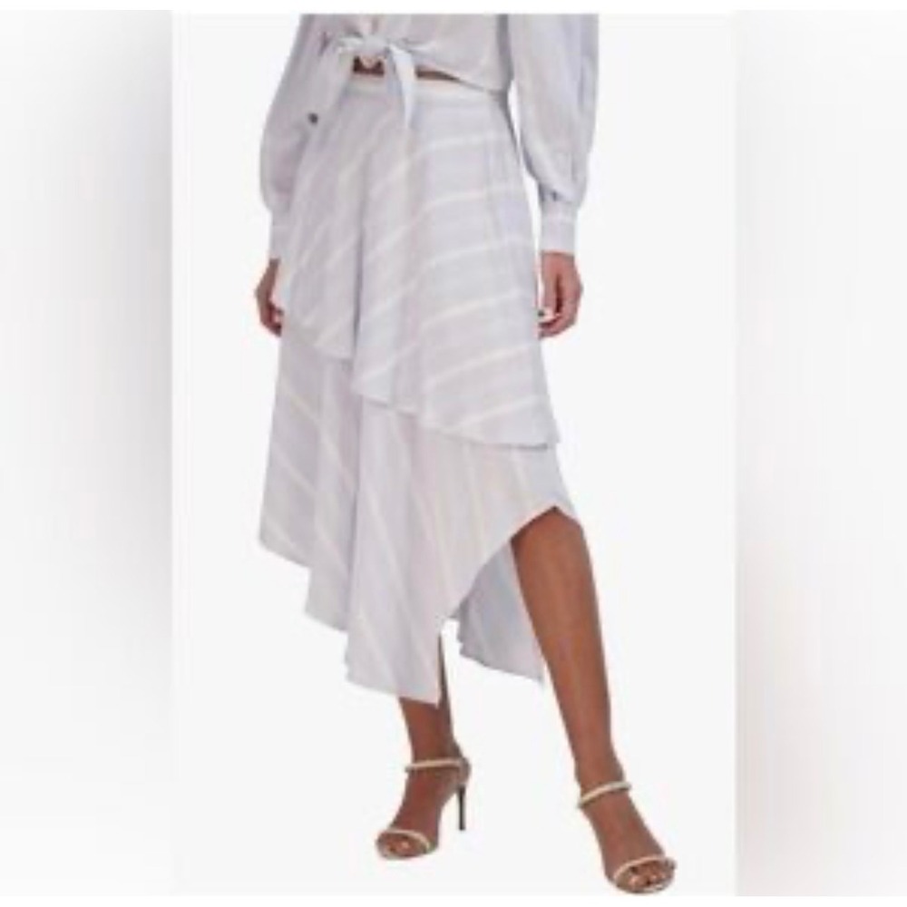 BCBGMAXAZRIA Women's Striped Asymmetrical Midi Skirt Ruffle Layered Size L